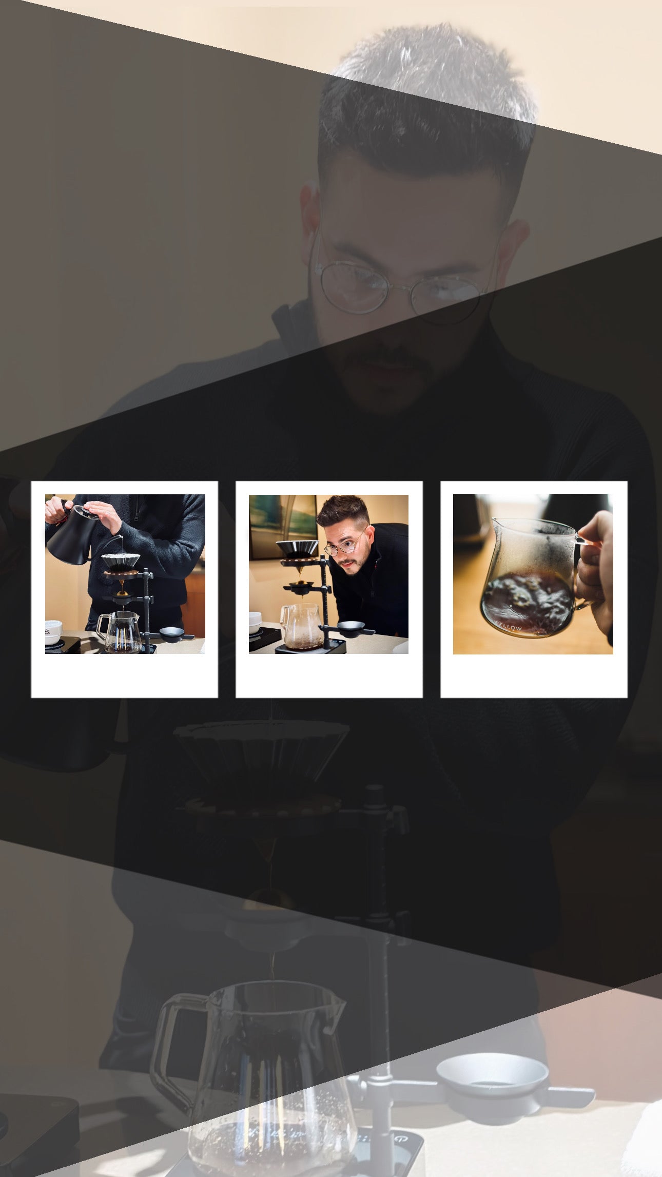 Three smaller images showing a person using a coffee maker with a blurred background