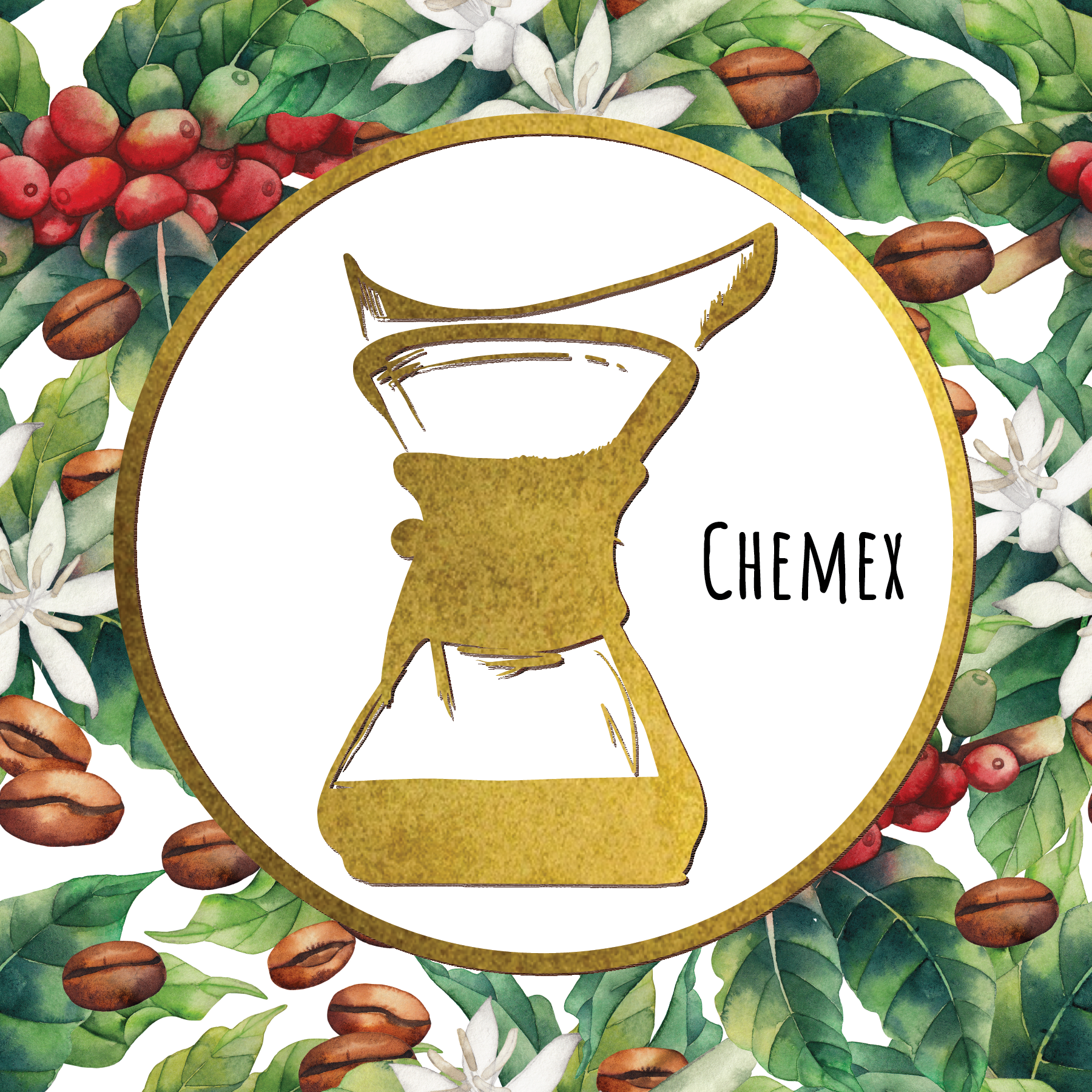 Chemex coffee maker silhouette surrounded by coffee beans and leaves on a white background