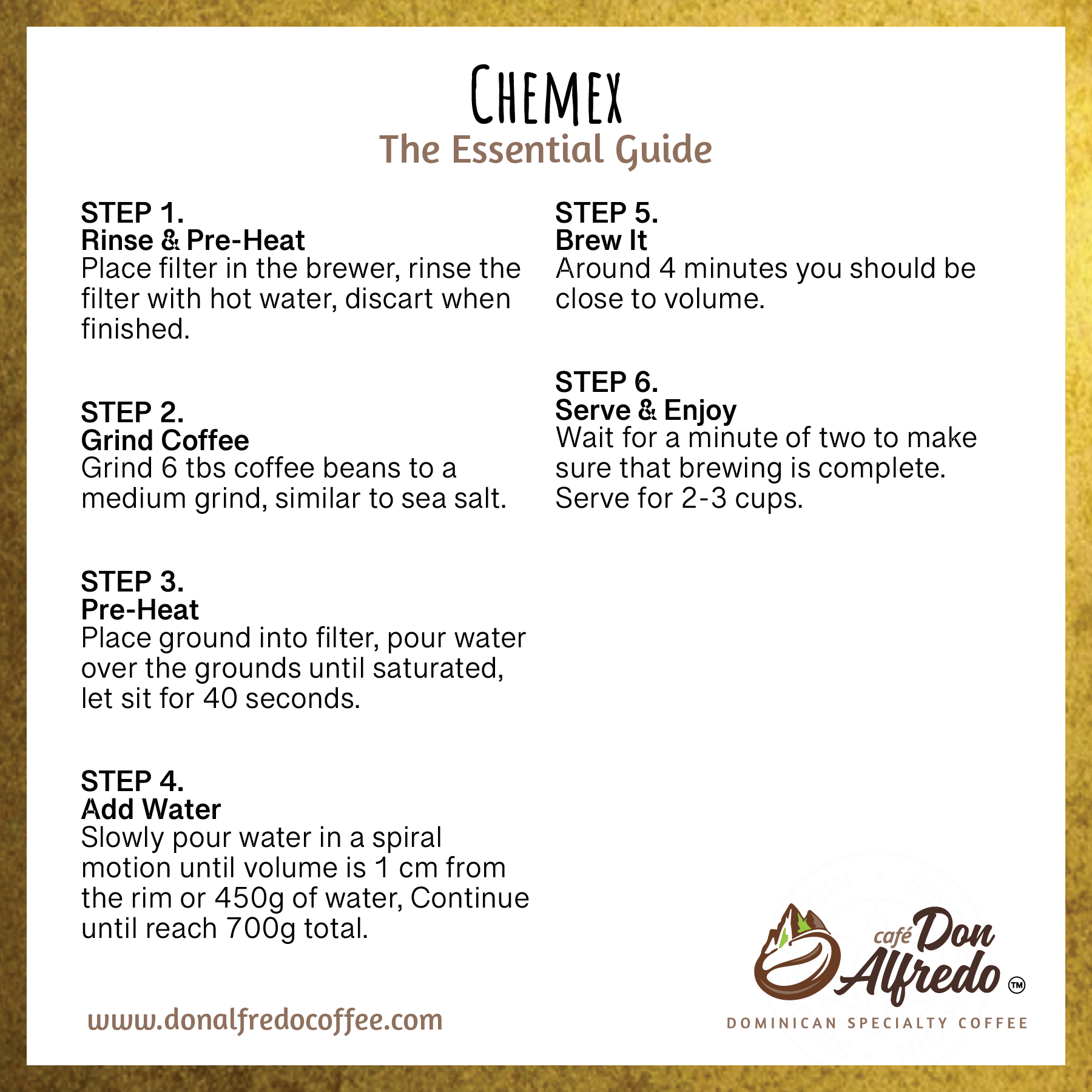 Chemex coffee brewing guide with steps and Don Alfredo Coffee logo.