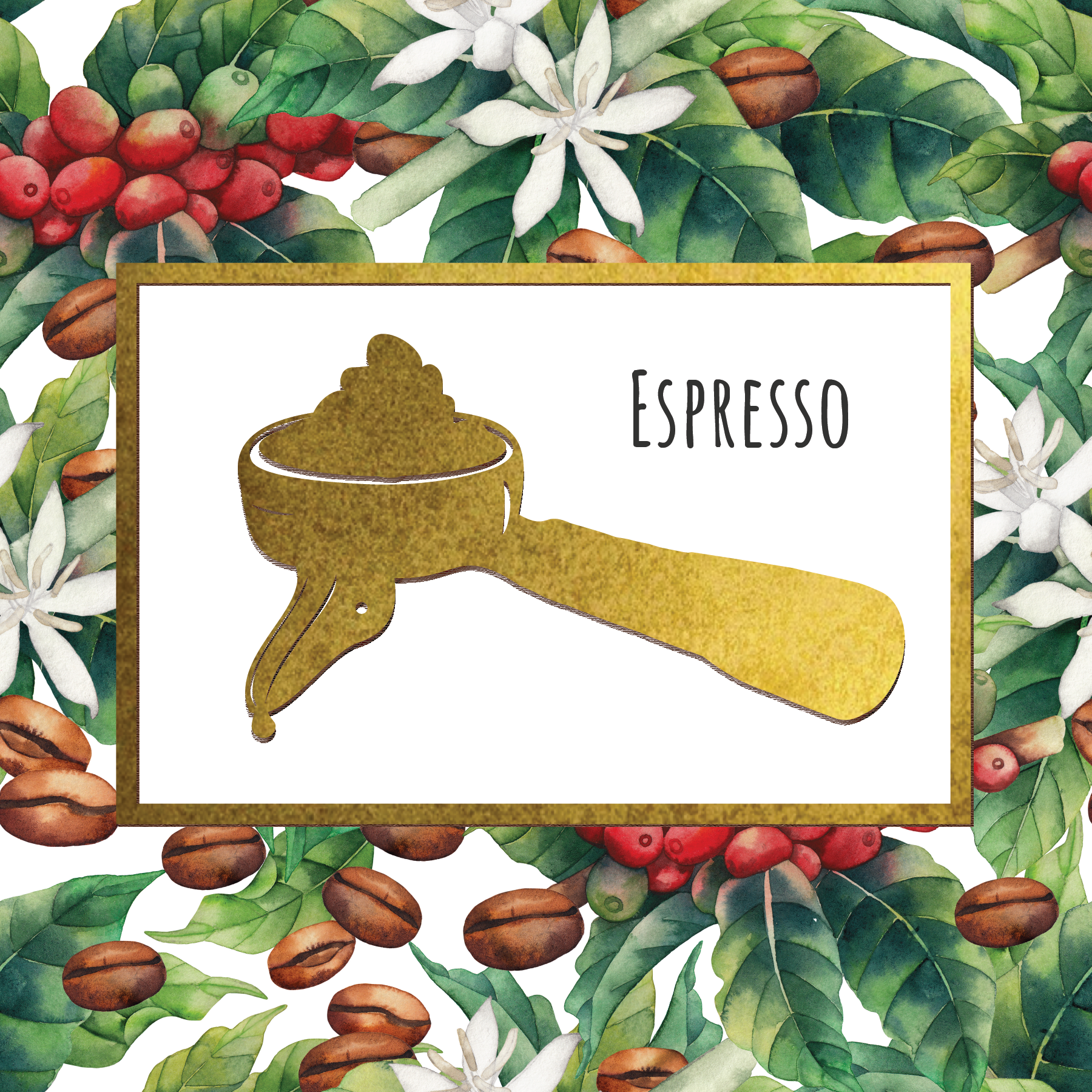 Espresso illustration with coffee beans and flowers on a decorative border