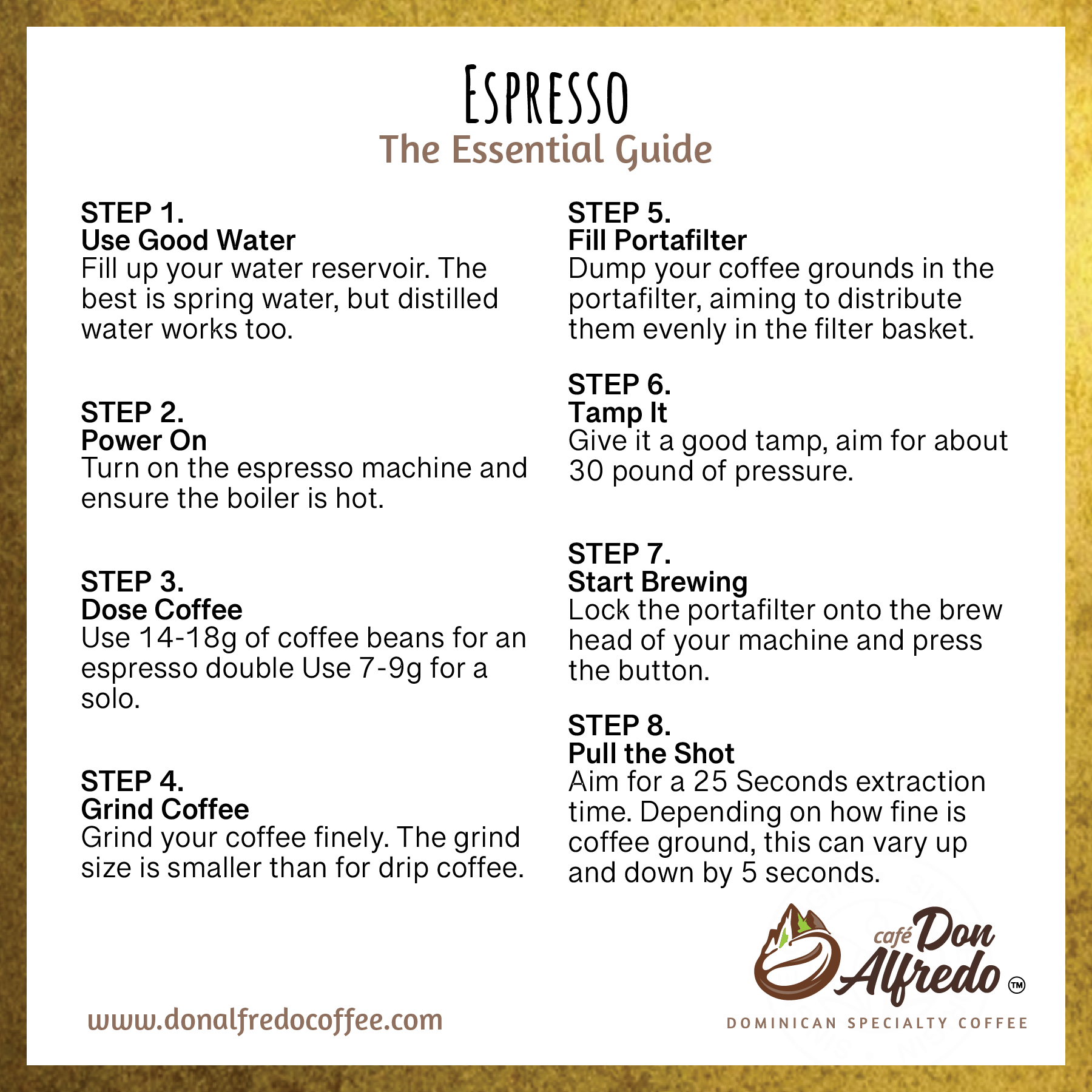 Espresso guide with steps for making espresso, featuring Don Alfredo Coffee logo.