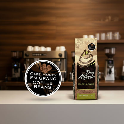 Coffee package labeled 'Don Alfredo Excellence' on a textured surface
