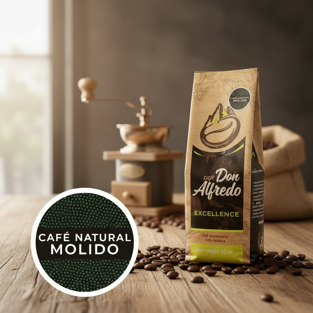 Cafe Don Alfredo packaging on a kitchen counter.