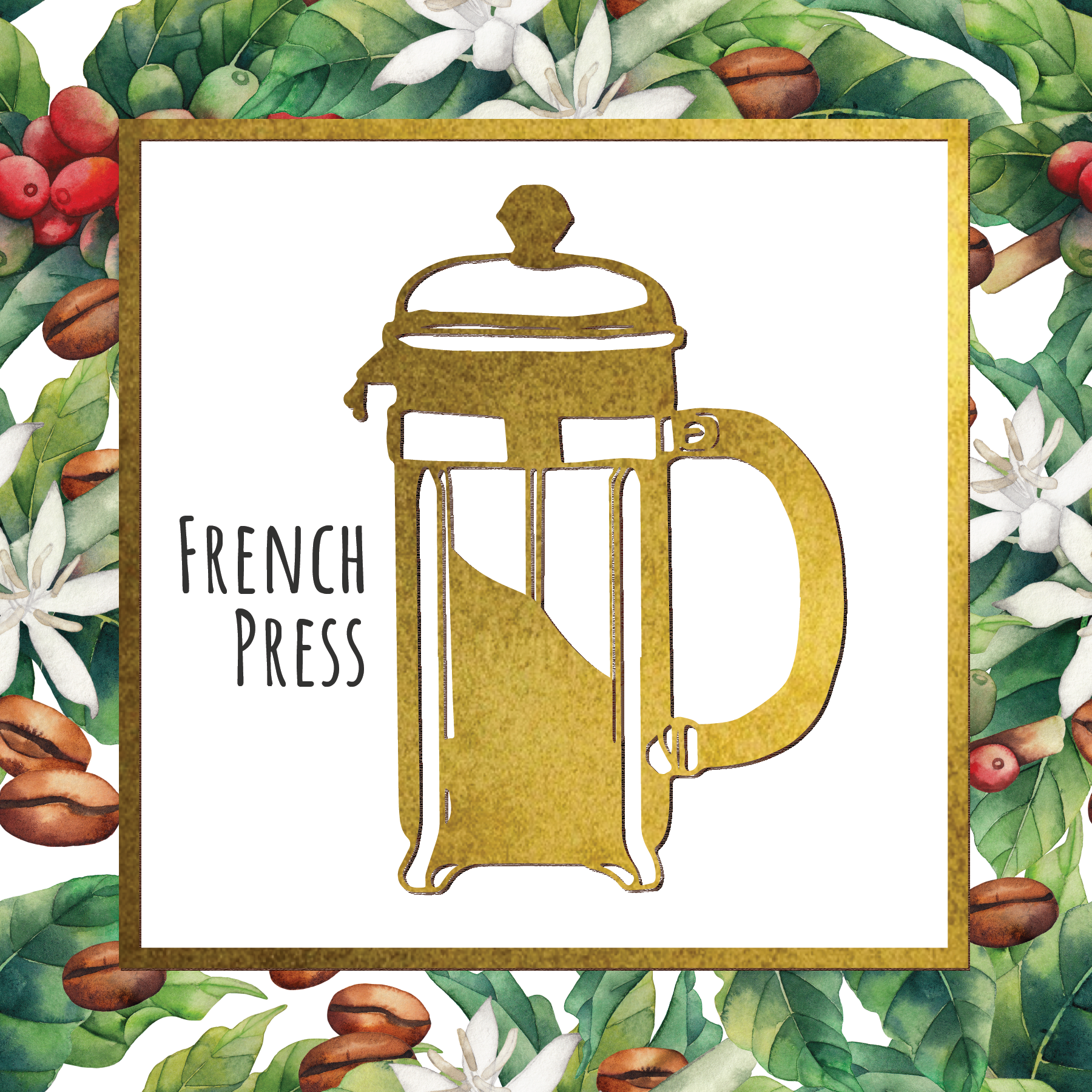 Gold French press silhouette with coffee-themed border on a white background