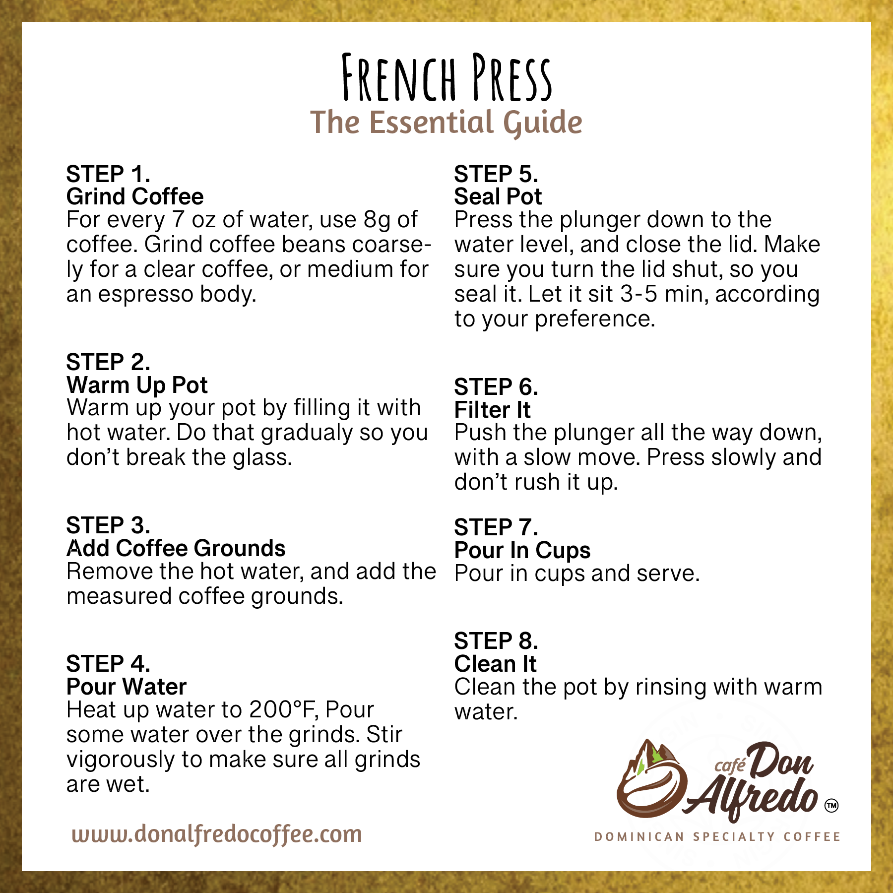 French Press coffee brewing guide with Don Alfredo logo