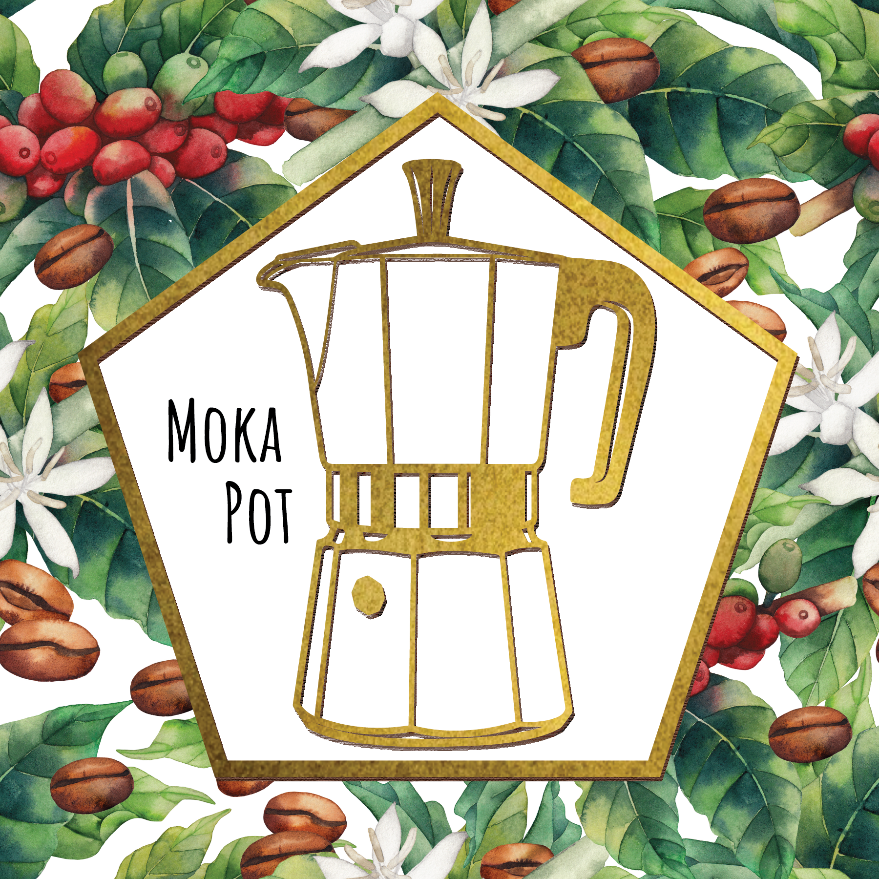 Moka pot illustration surrounded by coffee beans and flowers on a white background