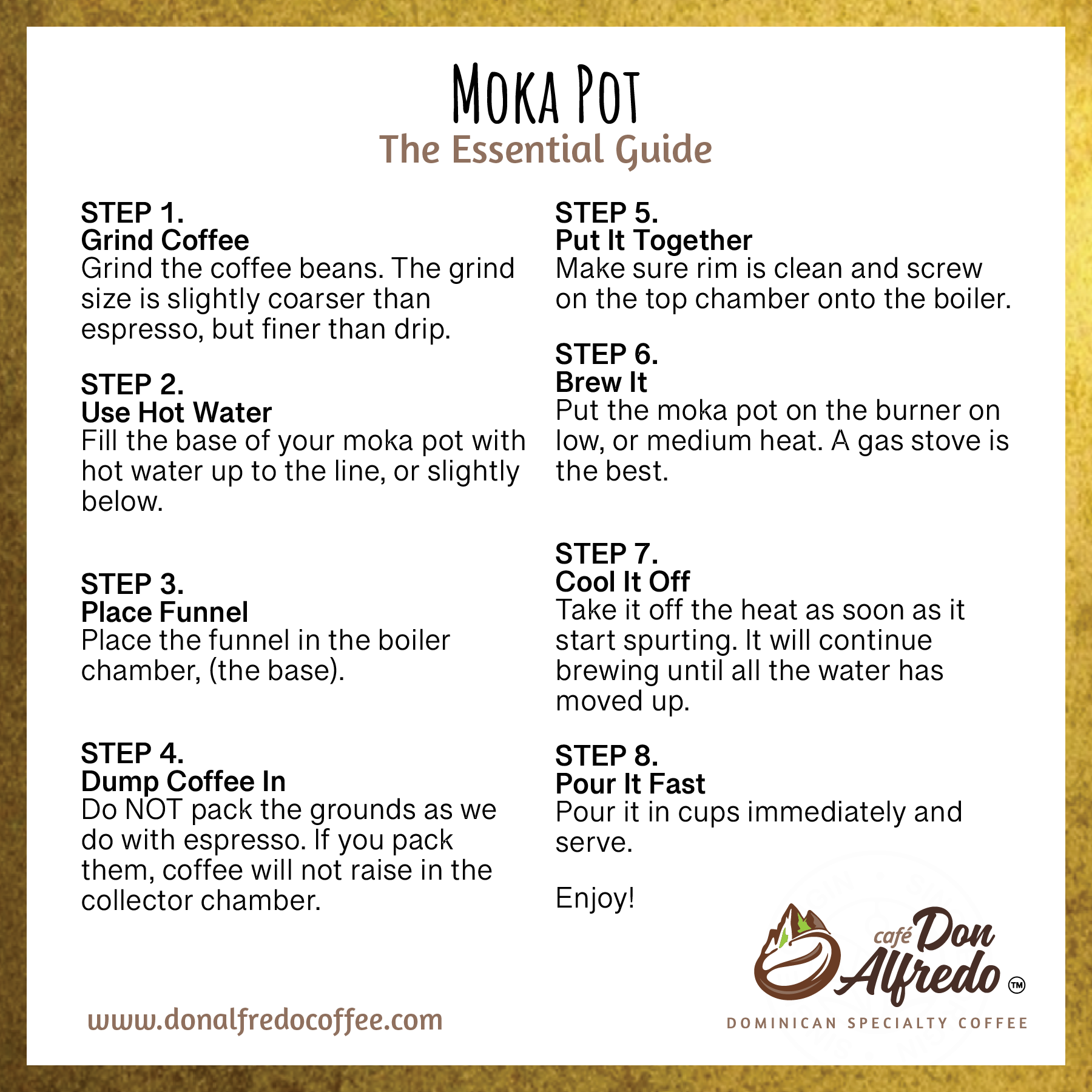 Moka pot guide with steps and Don Alfredo Coffee logo