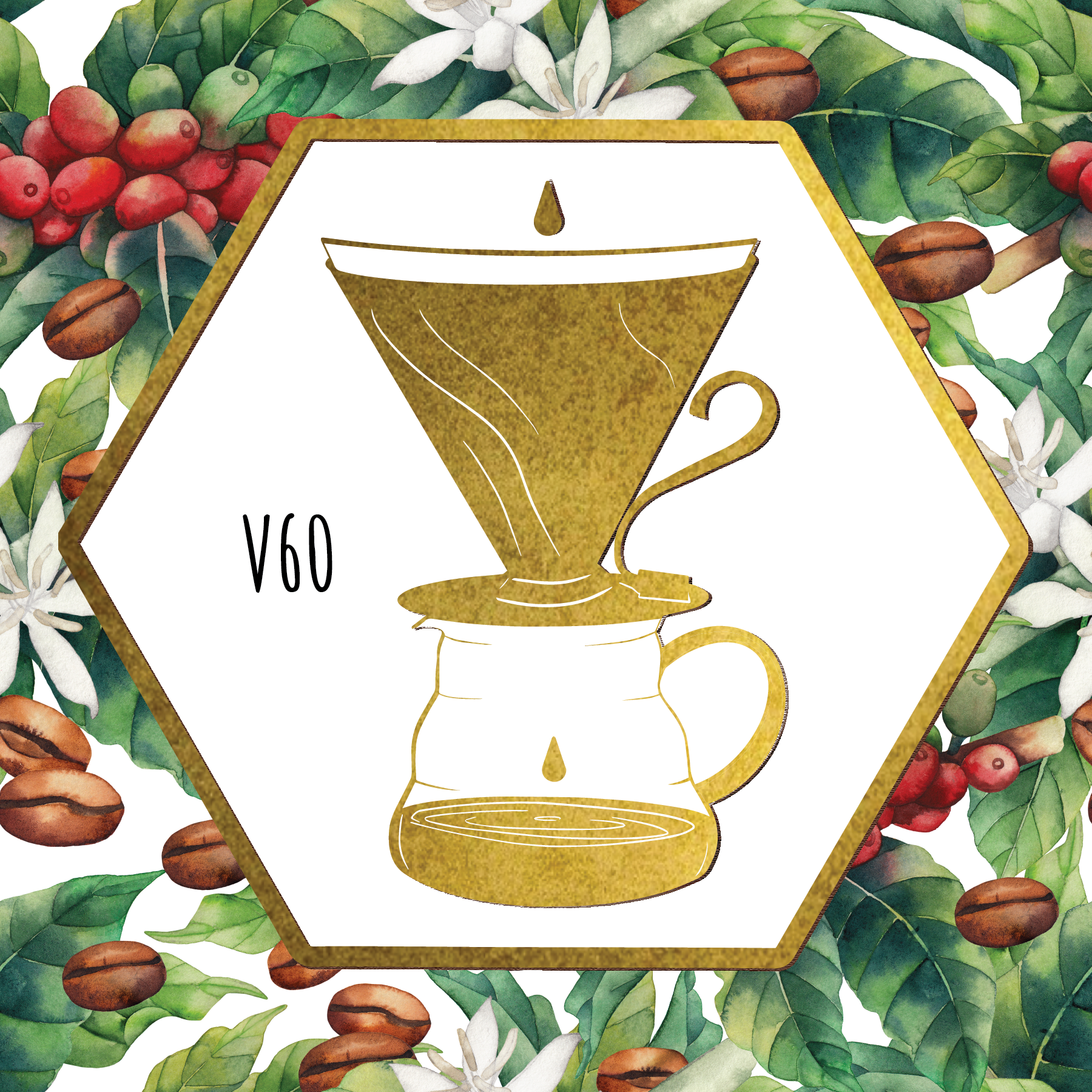 Hexagonal frame with a coffee brewing device illustration, surrounded by coffee beans and leaves.