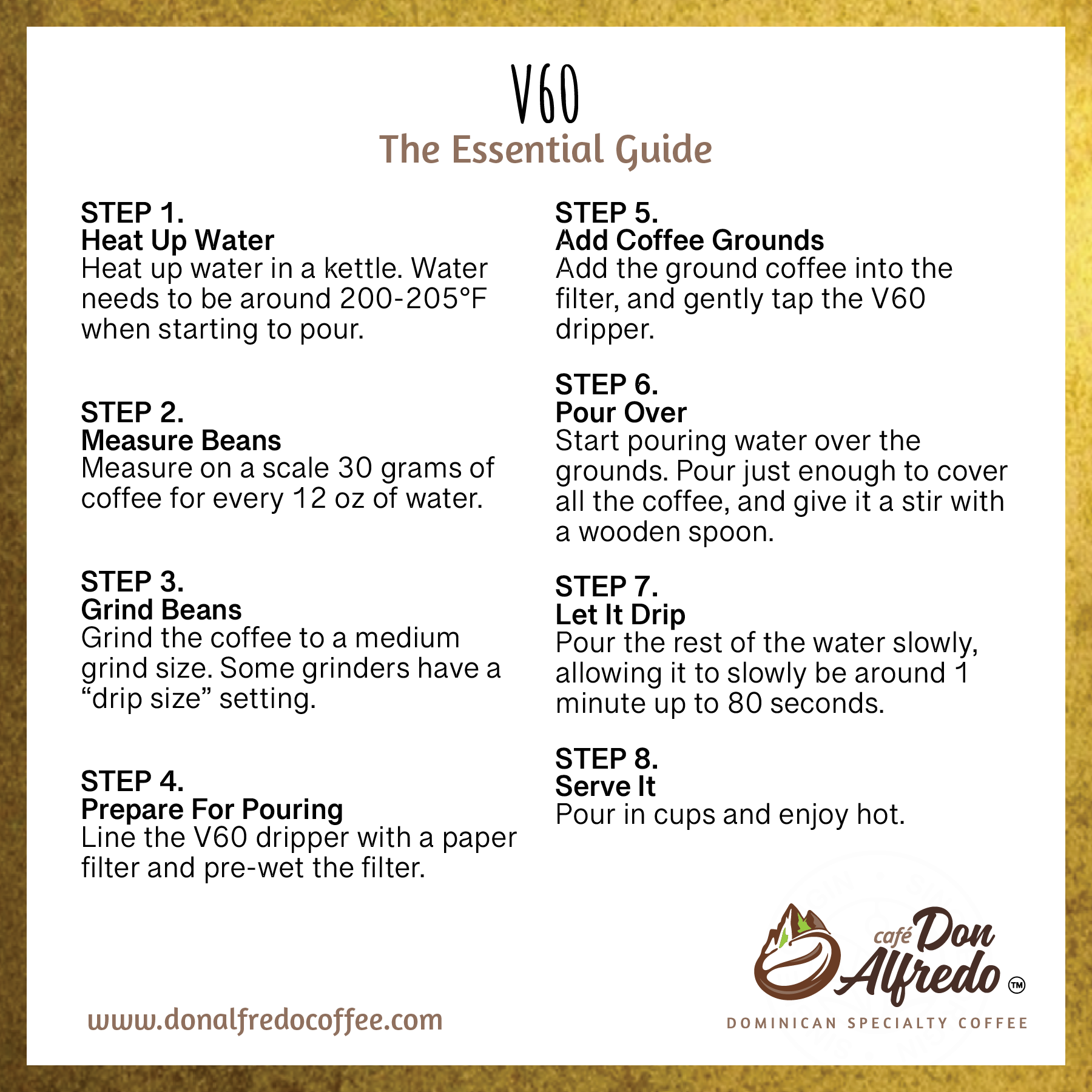 V60 coffee brewing guide with steps and Don Alfredo logo on a white background