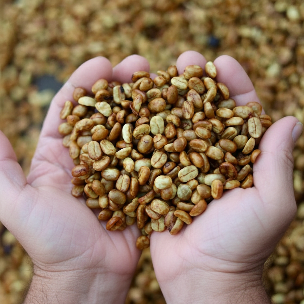 Hand holding a handful of roasted coffee beans with a blurred background of more coffee beans.