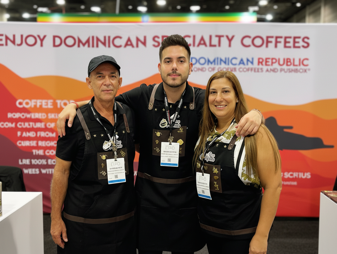 Don Alfredo Diaz Himself, Son & Wife posing together in front of a Dominican Specialty Coffees banner.